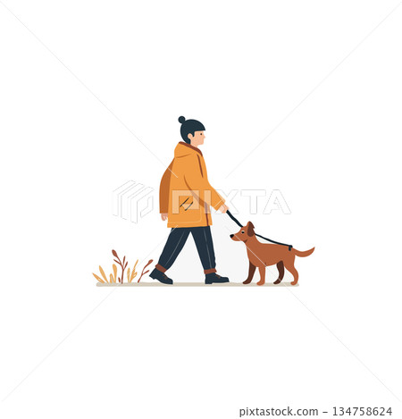 A person walking a dog in minimalistic style artwork representing companionship and casual outdoor A person walking a dog in minimalistic style artwork representing companionship and casual outdoor 134758624
