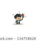 Charming cartoon waiter holding a tray of bottled beverages with bottle opener in a minimalistic 134758626