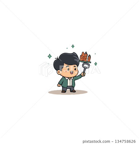 Charming cartoon waiter holding a tray of bottled beverages with bottle opener in a minimalistic 134758626