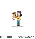 Enchanting illustration of a girl playfully cradling her ginger cat expressing genuine affection 134758627