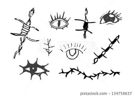 Thorn stem, barbed wire and eye doodle simple hand drawn y2k creepy set. Barbed wire tattoo. Boundary divider,border 134758637