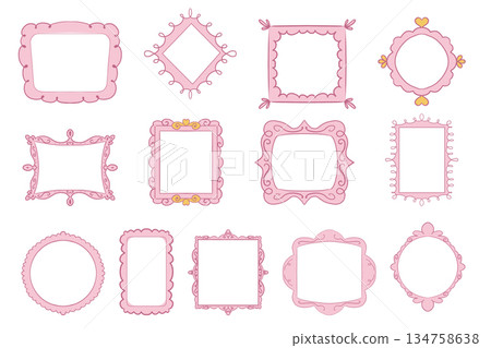 Princess frame mirror set line fairy. Whimsical cute doodle mirrors with crown for baby princess. Collection elegant pastel decor. 134758638