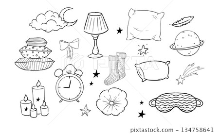 Sleep set cute hand drawn night symbols doodle. Pillow line bedroom relax, sleeping mask, stars and moon. Warm cozy clothes, socks. Sleepy mood,  134758641