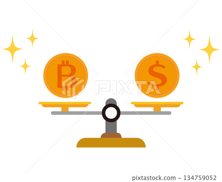 Illustration of dollars and bitcoin, virtual currency, money 134759052