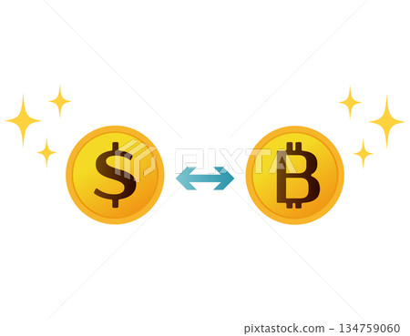 Illustration of dollars and bitcoin, virtual currency, money 134759060