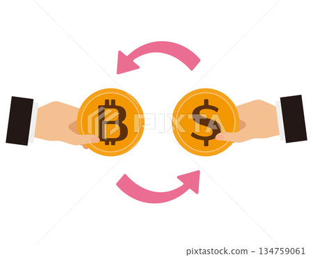 Illustration of dollars and bitcoin, virtual currency, money Illustration of dollars and bitcoin, virtual currency, money 134759061
