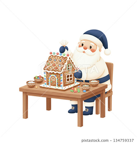 Cute watercolor Santa Claus decorating gingerbread house with colorful candies at table. Hand drawn winter holiday baking activity illustration isolated on white background. 134759337