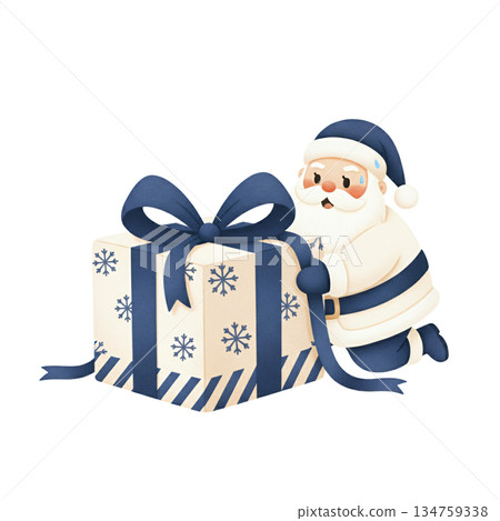 Cute watercolor Santa Claus in blue outfit tying blue ribbon bow on gift box. Hand drawn winter holiday present wrapping illustration isolated on white background. 134759338