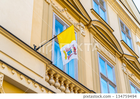 Yellow flag of the Vatican on the wall of building 134759494