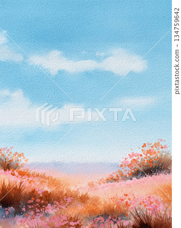 秋日的天空和田野裡盛開的花朵（人工智慧影像） 134759642