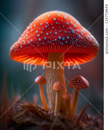 Red mushrooms macro picture with beautiful colors created using Generative AI tools Red mushrooms macro picture with beautiful colors created using Generative AI tools 134759644