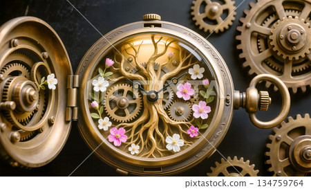 A creative macro shot of an open steampunk-style pocket watch featuring a golden tree with pink and white blossoms inside the dial. Brass gears and cogs are scattered on a dark textured background. Co 134759764
