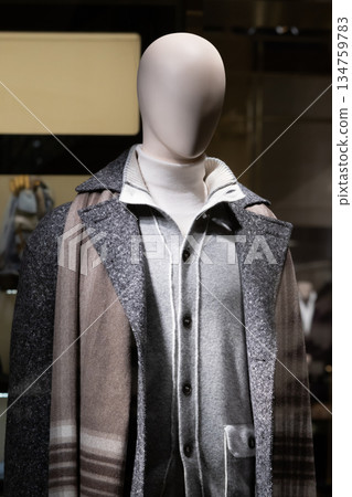 Mannequin Display Wearing Grey Coat and Turtleneck Sweater in Fashion Store Window Winter Collection Mannequin Display Wearing Grey Coat and Turtleneck Sweater in Fashion Store Window Winter Collection 134759783
