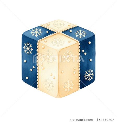 Watercolor Christmas gift box illustration with snowflake pattern, blue and cream holiday present isolated on white background for winter celebration and surprise concept. Watercolor Christmas gift box illustration with snowflake pattern, blue and cream holiday present isolated on white background for winter celebration and surprise concept. 134759802