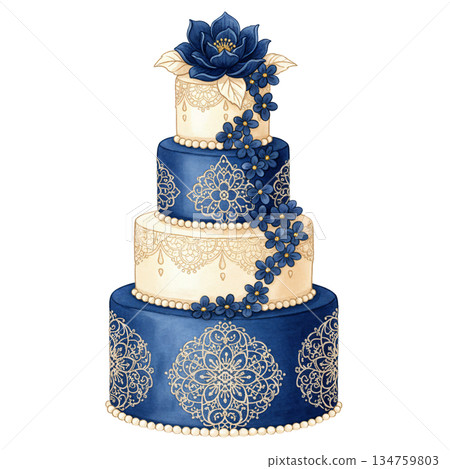 Elegant watercolor four-tier wedding cake illustration with blue flowers and vintage lace pattern, luxury dessert isolated on white background for marriage celebration. 134759803