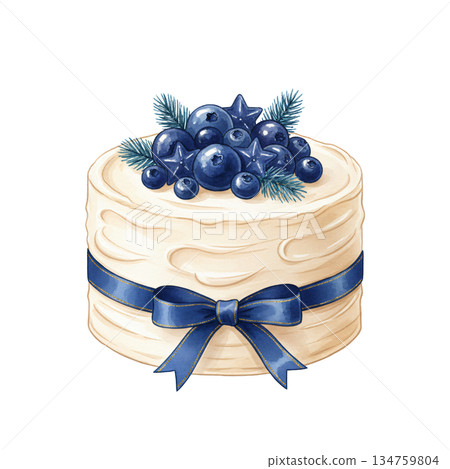 Beautiful watercolor white cake illustration with blue ribbon bow and blueberry topping, elegant festive dessert for wedding and birthday celebration isolated on white background. 134759804