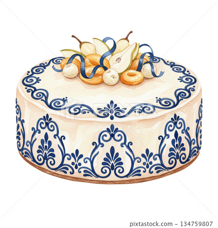 Beautiful watercolor white cake illustration with blue vintage patterns and pear topping, elegant dessert with dried fruits isolated on white background for wedding and party. 134759807