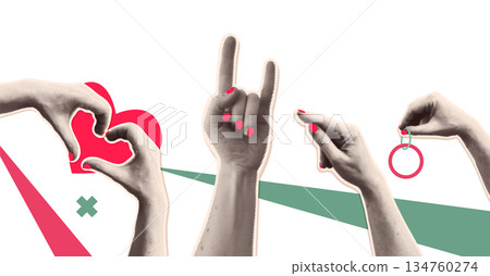 Hand gestures vector illustration set. Diverse hands making gestures heart, rock sign, pointing, ring in dynamic memphis pop art style. Concepts love, music, proposal, communication, party, emotion. Hand gestures vector illustration set. Diverse hands making gestures heart, rock sign, pointing, ring in dynamic memphis pop art style. Concepts love, music, proposal, communication, party, emotion. 134760274