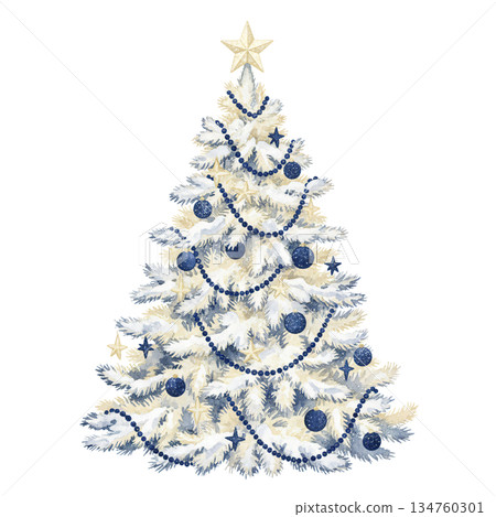 Watercolor white Christmas tree illustration decorated with blue garlands and baubles, elegant flocked pine tree isolated on white background for winter holiday celebration. Watercolor white Christmas tree illustration decorated with blue garlands and baubles, elegant flocked pine tree isolated on white background for winter holiday celebration. 134760301