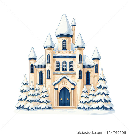 Beautiful watercolor winter castle illustration with snowy roof and pine trees, fairytale beige palace building isolated on white background for fantasy art and holiday decoration. 134760306