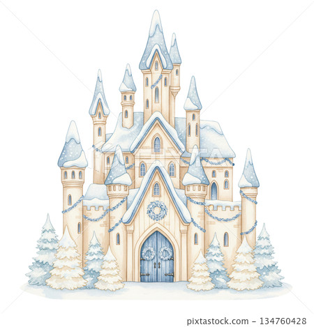 Beautiful watercolor winter fairytale castle illustration covered in snow, majestic palace with blue roof and Christmas decorations isolated on white background. 134760428