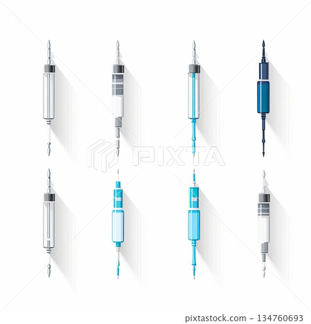 Modern Set of Cartoon Medical Injectors in Various Colors Isolated on White Background 134760693
