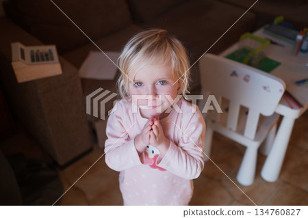 Little 4 Year Old Blonde Girl Begging and Saying Please 134760827