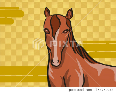 Background material illustration of a brown horse on a gold checkered background Background material illustration of a brown horse on a gold checkered background 134760958