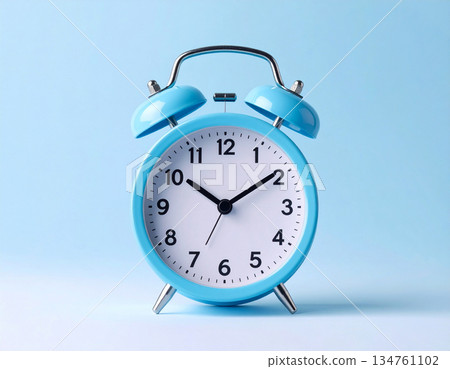 Classic design. Blue metal alarm clock with blue bells on pastel blue background. 134761102