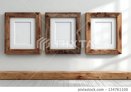 Framework. Stylish. Mock up for modern interior and branding. Empty wooden photo frame for a collage of three photos in a minimalist style on a white background. Stylish photo frame. 134761108