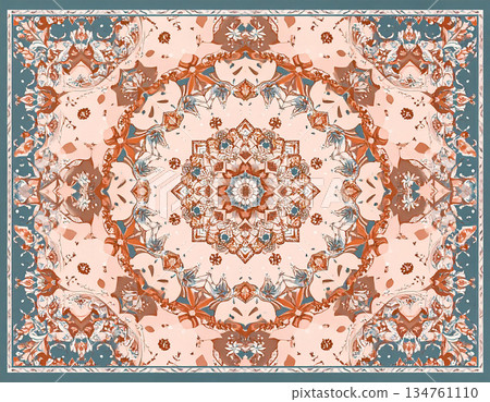 Cute image. Texture of a natural silk scarf with ethnic style patterns. Natural colors. Head scarf. Printed hijab. 134761110