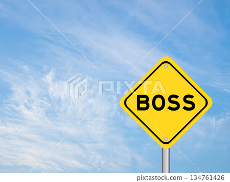 Yellow transportation sign with word boss on blue color sky background 134761426