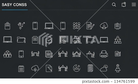 Dark UI compatible office supplies and business tool icon set Dark UI compatible office supplies and business tool icon set 134761599