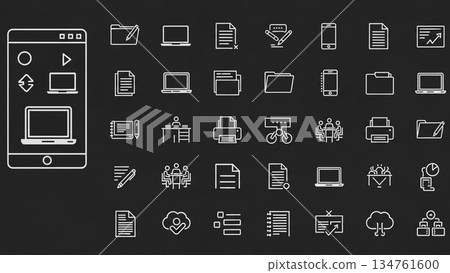 Dark UI compatible office supplies and business tool icon set 134761600