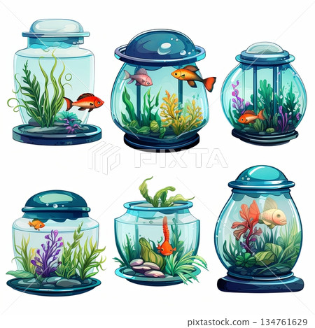 Miniature Aquatic Gardens Charming Fish Bowls with Colorful Fish and Lush Greenery 134761629