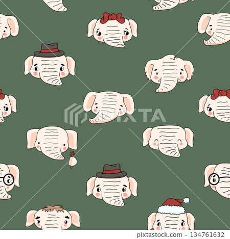 Seamless pattern of vector cute light pink or white elephants heads. Isolated hand drawn illustrations repeatable print for wallpapers, fabric, apparel, clothes on green background 134761632