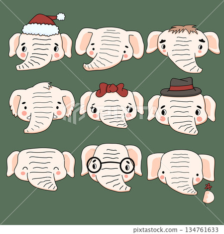 Set of cute white line cartoon elephants on a green background with bows, flower, hats, glasses like a doctor or scientist. Vector illustration for kids books Set of cute white line cartoon elephants on a green background with bows, flower, hats, glasses like a doctor or scientist. Vector illustration for kids books 134761633