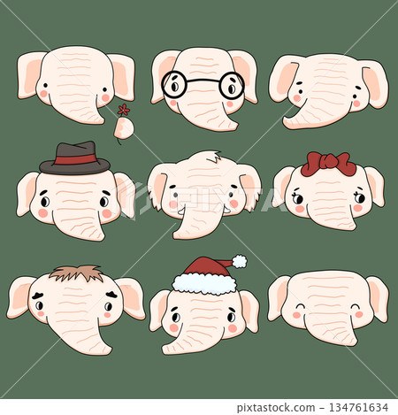 A set of cute white cartoon elephants on a green background. Some elephants are decorated with bows, hats, glasses and flowers. Vector illustration for kids A set of cute white cartoon elephants on a green background. Some elephants are decorated with bows, hats, glasses and flowers. Vector illustration for kids 134761634