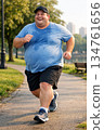 Cheerful obese man jogging in a city park during early morning light. 134761656