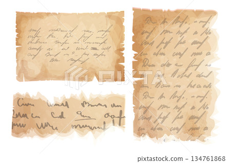 Set Parchment paper, torn pieces, old sheetwith unreadble scrit in cartoon style, textured empty note isolated on white background. Game ui elements Set Parchment paper, torn pieces, old sheetwith unreadble scrit in cartoon style, textured empty note isolated on white background. Game ui elements 134761868
