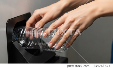 Ultra-detailed close-up of human hands inserting a transparent plastic bottle into an automated recycling machine 134761874