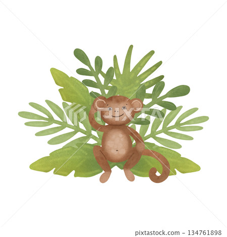 Monkey in tropical leaves, composition. Cartoon illustration in a flat style. Watercolor, pastel. Green, brown. For design of children's products Monkey in tropical leaves, composition. Cartoon illustration in a flat style. Watercolor, pastel. Green, brown. For design of children's products 134761898