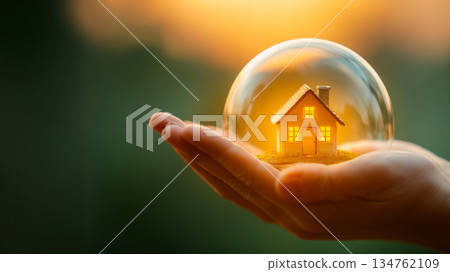手掌中握著一座小房子和玻璃穹頂 134762109