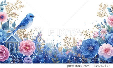 水彩風格的藍鳥花卉邊框 | 優雅夢幻的植物背景 134762178