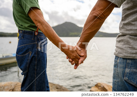 An elderly couple holding hands [Photography cooperation: Oki Seaside Resort Miyabi] 134762249
