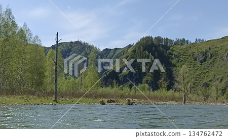 Discover a peaceful river flowing through a lush green forest, framed by a stunning rocky cliff. Ideal for tourism and inspiration, this scene captures the beauty of nature. Discover a peaceful river flowing through a lush green forest, framed by a stunning rocky cliff. Ideal for tourism and inspiration, this scene captures the beauty of nature. 134762472