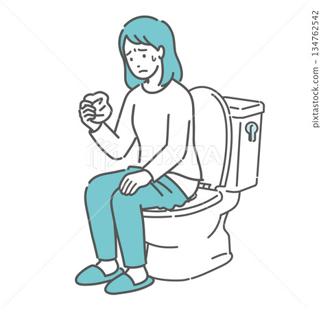 Illustration of a woman checking menstruation, vaginal discharge, and bloody stool by looking at toilet paper (abnormal bleeding, anxiety) 134762542