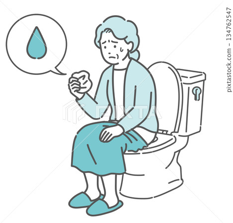 圖說：一位老年婦女透過查看衛生紙來檢查尿液滲漏和出血情況（尿失禁、不規則出血、水滴圖示） 134762547
