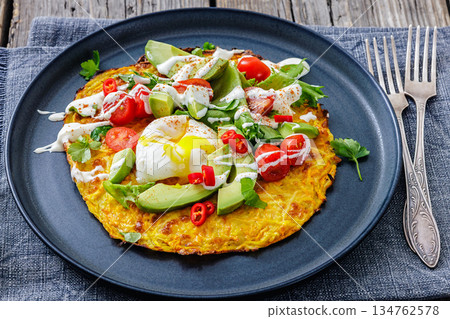potato rosti topped with poached egg, avocado potato rosti topped with poached egg, avocado 134762578