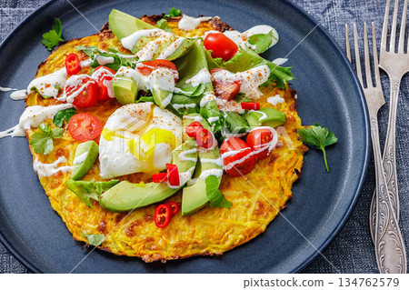 potato rosti topped with poached egg, avocado 134762579